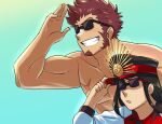  1boy 1girl :o black-framed_eyewear black_hair blue_eyes brown_hair facial_hair fate/grand_order fate_(series) from_side goatee grin hat long_hair long_sideburns looking_to_the_side male_focus muscular muscular_male napoleon_bonaparte_(fate) oda_nobunaga_(fate) oda_nobunaga_(fate)_(all) peaked_cap pectorals salute scar scar_on_chest short_hair sideburns smile sunglasses vincent-san 