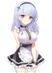  1girl apron azur_lane breasts closed_mouth dido_(azur_lane) eyebrows_visible_through_hair feet_out_of_frame hairband hand_on_back highres kiki-yu large_breasts light_blue_hair long_hair looking_at_viewer maid maid_apron solo standing thigh-highs violet_eyes white_background white_legwear 