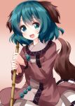  1girl :d animal_ears bamboo_broom bangs broom brown_background commentary_request cowboy_shot dog_ears dog_tail eyebrows_visible_through_hair gradient gradient_background green_eyes green_hair highres holding holding_broom kasodani_kyouko long_sleeves looking_at_viewer open_mouth ruu_(tksymkw) short_hair smile solo standing tail touhou 