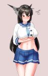  1girl black_hair blue_neckwear blue_sailor_collar blue_skirt breasts cosplay cowboy_shot dated dress etorofu_(kancolle) etorofu_(kancolle)_(cosplay) gloves grey_background hat headgear highres kantai_collection large_breasts long_hair looking_down maru_(marg0613) nagato_(kancolle) navel neckerchief one-hour_drawing_challenge pleated_dress pleated_skirt sailor_collar sailor_hat school_uniform serafuku shorts shorts_under_skirt simple_background skirt solo twitter_username under_boob undersized_clothes white_gloves 