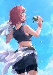  1girl bike_shorts black_shorts blue_sky bottle crop_top day from_behind grey_shorts highres holding holding_bottle kantai_collection kinu_(kancolle) midriff myuutau_tadakichi outdoors redhead short_hair short_shorts shorts shorts_under_shorts sky solo standing summer wristband 