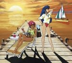  1980s_(style) 2girls arm_behind_head arm_up barefoot beach_chair blue_hair boat bracelet character_print closed_eyes dark-skinned_female dark_skin day dirty_pair drink eyewear_on_head headband holding holding_drink hood hoodie jewelry kei_(dirty_pair) long_hair multiple_girls official_art open_magazine outdoors pier reading red_eyes redhead retro_artstyle rope short_hair smile standing sunset swimsuit swimsuit_under_clothes tank_top towel watercraft wristband yuri_(dirty_pair) 