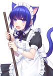  1girl animal_ears apron bangs blue_hair blue_ribbon blush cat_ears cat_tail center_frills collared_dress commentary_request eyebrows_visible_through_hair frilled_apron frills highres holding jenevan looking_at_viewer maid maid_apron maid_headdress male_focus neck_ribbon open_mouth original ribbon short_hair short_sleeves simple_background solo tail violet_eyes white_apron white_background wrist_cuffs 