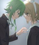  2girls backlighting black_jacket blonde_hair blue_eyes bow commentary crying crying_with_eyes_open forehead-to-forehead from_side green_eyes green_hair grey_background gumi hair_bow highres hood hoodie jacket kagamine_rin multiple_girls outstretched_hand reaching sad shirt short_hair sidelocks standing tears upper_body vocaloid white_bow white_hoodie white_shirt wounds404 