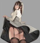 1girl ass black_panties black_skirt blue_eyes breasts brown_hair brown_legwear clothes_lift cowboy_shot foreshortening from_behind garter_belt grey_background grey_shirt high-waist_skirt kureha_(ironika) lace-trimmed_legwear lace_trim large_breasts lifted_by_self long_hair long_sleeves looking_at_viewer looking_back original panties shirt simple_background skirt skirt_lift solo thigh-highs tsubasa_(kureha) underwear