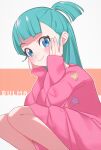  1girl blue_eyes blue_hair blush bulma closed_mouth dragon_ball dragon_ball_(classic) dress fingernails hands_on_own_cheeks hands_on_own_face highres inuyama_nanami long_hair long_sleeves looking_at_viewer pink_dress smile solo squatting 