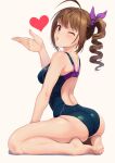  1girl ahoge bangs bare_arms bare_legs bare_shoulders barefoot blowing_kiss blush breasts brown_hair commentary_request drill_hair eyebrows_visible_through_hair from_side full_body hair_ribbon hand_up heart idolmaster idolmaster_million_live! idolmaster_million_live!_theater_days kamille_(vcx68) long_hair looking_at_viewer looking_to_the_side medium_breasts one-piece_swimsuit one_eye_closed parted_lips purple_ribbon ribbon side_ponytail simple_background sitting solo swimsuit violet_eyes white_background yokoyama_nao 