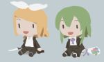  2girls black_pants black_suit blonde_hair bouquet bow chibi commentary flower formal full_body green_hair grey_background gumi hair_bow holding holding_knife kagamine_rin knife multiple_girls open_mouth pants sanpati_(style) shirt short_hair smile suit vocaloid white_bow white_shirt wounds404 