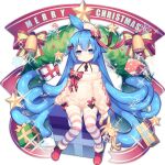  1girl ahoge ao_jun ark_order bangs bell black_bow black_choker black_ribbon blue_eyes blue_hair boots bow candy candy_cane character_doll choker christmas food fur-trimmed_boots fur_trim gift golden_slime_(ark_order) hair_bow hair_flaps long_hair looking_at_viewer merry_christmas official_art oversized_clothes red_bow red_footwear ribbon sitting slime_(ark_order) snowflakes solo sparkle striped striped_legwear sweater tachi-e tentacle_hair thigh-highs very_long_hair white_sweater wreath 