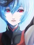  1girl arm_up ayanami_rei bangs blue_hair closed_mouth hair_between_eyes highres looking_at_viewer naki085 neon_genesis_evangelion portrait red_eyes shiny shiny_hair short_hair solo 