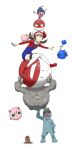  1girl balancing blue_overalls bow brown_eyes brown_hair cabbie_hat commentary_request diglett electrode gen_1_pokemon gen_2_pokemon gen_4_pokemon graveler hat hat_bow highres igglybuff jigglypuff knees_together_feet_apart long_hair lyra_(pokemon) machop marill mikami mime_jr. on_head outstretched_arms poke_ball poke_ball_(basic) pokemon pokemon_(creature) pokemon_(game) pokemon_hgss pokemon_on_arm pokemon_on_head red_bow red_footwear red_shirt shirt shoes simple_background sitting sweat thigh-highs twintails voltorb white_background white_headwear white_legwear 