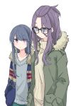  2girls bangs blue_eyes blue_hair closed_mouth commentary_request cowboy_shot eyebrows_visible_through_hair glasses hands_in_pockets jacket kagamihara_sakura long_hair looking_down multiple_girls purple_hair shima_rin shiroshi_(denpa_eshidan) side-by-side simple_background standing violet_eyes white_background yurucamp 