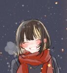  1girl anam95 bangs black_hair black_jacket blonde_hair blush closed_eyes commentary dark_background dot_nose ear_blush eyelashes grin highres idolmaster idolmaster_shiny_colors ikaruga_luca jacket multicolored_hair red_scarf scarf short_hair smile snowing solo steam symbol-only_commentary two-tone_hair upper_body 
