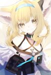  1girl animal_ears arknights bare_shoulders blonde_hair blue_hairband braid closed_mouth commentary_request dress earpiece fox_ears fox_girl fox_tail hairband head_tilt highres hq_(8quuu_) id_card infection_monitor_(arknights) kitsune kyuubi looking_at_viewer multiple_tails short_hair smile solo suzuran_(arknights) tail upper_body white_dress yellow_eyes 