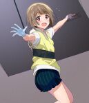  1girl a1 blush bob_cut brown_hair cardigan_vest cowboy_shot eyebrows_visible_through_hair flying_sweatdrops gloves harness looking_at_viewer love_live! love_live!_nijigasaki_high_school_idol_club nakasu_kasumi open_mouth red_eyes shirt short_hair shorts solo white_gloves white_shirt 