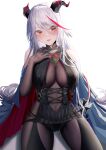  1girl absurdres aegir_(azur_lane) azur_lane bare_shoulders black_cape black_gloves black_panties bodystocking breast_curtains breasts cape covered_navel cross cross_earrings demon_horns earrings elbow_gloves gloves highres horns iron_cross jewelry large_breasts long_hair looking_at_viewer multicolored_hair panties redhead revealing_clothes rib_(rib_delesetong) simple_background sitting skin_tight streaked_hair thighs two-tone_hair underwear very_long_hair white_background white_hair yellow_eyes 