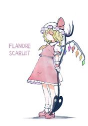  1girl bangs blonde_hair bobby_socks bow breasts character_name closed_eyes closed_mouth commentary_request cravat crystal flandre_scarlet frilled_shirt_collar frills full_body hat hat_ribbon highres holding holding_polearm holding_weapon laevatein mary_janes mob_cap one_side_up orange_neckwear polearm puffy_short_sleeves puffy_sleeves red_bow red_footwear red_ribbon red_skirt red_vest ribbon satyuas shoes short_hair short_sleeves skirt small_breasts socks solo standing touhou vest weapon white_headwear white_legwear wings wrist_cuffs 