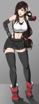  1girl absurdres black_legwear blinking crop_top earrings final_fantasy final_fantasy_vii final_fantasy_vii_remake full_body gloves hand_on_hip highres jewelry long_hair looking_at_viewer sadraquesakuga shoes skindentation skirt suspenders tifa_lockhart tongue tongue_out v 