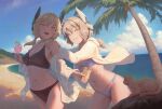  2girls animal antica_(bigrbear) beach bigrbear bikini black_bikini blonde_hair blue_bikini blue_eyes blue_sky breasts cat clenched_teeth clouds commentary cup day drink drinking_glass drinking_straw headgear highres holding holding_cup looking_at_viewer low_twintails medium_breasts medium_hair multiple_girls nipples ocean open_clothes open_mouth open_shirt original outdoors palm_tree sand shirt sky small_breasts smile swimsuit teeth tree twintails white_shirt 