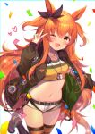  1girl ;d animal_ears belt black_legwear blurry breasts brown_jacket collarbone confetti crop_top dog_tags fur_trim hair_ribbon hand_up highres homaderi horse_ears horse_girl horse_tail jacket leg_up long_hair long_sleeves looking_at_viewer mayano_top_gun_(umamusume) micro_shorts midriff navel one_eye_closed open_clothes open_jacket open_mouth orange_eyes orange_hair ribbon shirt shoes short_shorts shorts simple_background small_breasts smile solo stomach tail thigh-highs thighs twintails two_side_up umamusume v very_long_hair white_background white_shorts yellow_shirt 