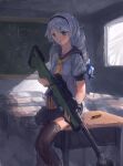  1girl absurdres ai_arctic_warfare bangs benghuai_xueyuan black_skirt blue_eyes bolt_action braid brown_legwear bullet chalkboard closed_mouth desk gun hair_between_eyes hair_ornament headband highres holding holding_gun holding_weapon honkai_(series) honkai_impact_3rd indoors kiana_kaslana long_hair looking_at_viewer on_desk rifle school_uniform shell_casing shirt short_sleeves sitting sitting_on_desk skirt sniper_rifle solo sunlight table thighs twin_braids v-shaped_eyebrows weapon white_hair white_shirt window zxc00016 