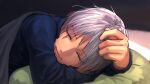  1girl blue_sweater closed_mouth facing_viewer highres kilye_kairi lying on_stomach original sleeping solo sweater under_covers 