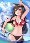  1girl absurdres animal_ear_fluff animal_ears ball bangs bare_shoulders beachball bikini black_hair blue_sky breasts carrying day eyebrows_visible_through_hair hair_between_eyes hair_ornament hairclip hand_on_forehead highres hilamaru hololive in_water long_hair looking_at_viewer multicolored_hair navel ocean ookami_mio open_mouth outdoors red_bikini redhead sky smile solo stomach streaked_hair sun sunlight swimsuit tail virtual_youtuber wolf_ears wolf_girl wolf_tail x_hair_ornament yellow_eyes 