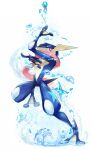  arm_up bright_pupils closed_mouth commentary_request full_body gen_6_pokemon greninja highres leg_up mikami pokemon shiny shuriken standing standing_on_one_leg tongue violet_eyes water water_drop white_pupils 
