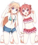 2girls :d absurdres ahoge akaza_akari arm_up bangs bare_arms bare_legs bare_shoulders barefoot bikini bikini_skirt blonde_hair blue_eyes blue_shorts blush bow bracelet breasts collarbone commentary_request denim denim_shorts double_bun eyebrows_visible_through_hair feet frilled_bikini frills front-tie_bikini front-tie_top full_body grin hair_bow hand_up happy highres jewelry kneeling long_hair looking_at_viewer medium_hair mesushio multicolored multicolored_bikini multicolored_clothes multiple_girls navel open_fly open_mouth polka_dot polka_dot_bikini polka_dot_bow red_bikini redhead sandals short_shorts shorts simple_background small_breasts smile split_mouth stomach swimsuit teeth toes toshinou_kyouko very_long_hair violet_eyes w white_background white_bow yuru_yuri 