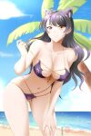  1girl animal_ear_fluff animal_ears bangs banned_artist beach bikini black_hair blake_belladonna blue_sky blurry blurry_background breasts cat_ears clouds collarbone day eyebrows_visible_through_hair floating_hair front-tie_bikini front-tie_top grin hand_on_lap highres kimmy77 large_breasts lens_flare long_hair looking_at_viewer multi-strapped_bikini navel ocean off_shoulder orange_ribbon outdoors palm_tree paw_print print_bikini purple_bikini ribbon rwby shiny shiny_hair sky slit_pupils smile solo standing summer swimsuit tree undressing very_long_hair yellow_eyes 