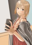  1girl absurdres blonde_hair blush brown_eyes cellphone closed_mouth dress grey_jacket highres holding holding_phone jacket jewelry kilye_kairi looking_at_viewer original phone red_dress ring smartphone smile solo wedding_band 