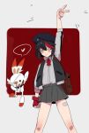  bandaged_leg bandages beret black_hair blush closed_eyes eyepatch fingerless_gloves gen_8_pokemon gloves hat heart hong_doo jacket kill_la_kill matoi_ryuuko medical_eyepatch multicolored_hair pokemon pokemon_(creature) redhead scorbunny senketsu short_hair spoken_heart streaked_hair sukajan tagme trait_connection tsundere v victory victory_pose 