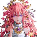  1girl bare_shoulders commentary detached_sleeves flower genshin_impact hair_between_eyes hair_flower hair_ornament hand_up long_hair looking_at_viewer parted_lips pink_flower pink_hair portrait red_lips simple_background solo violet_eyes white_background white_flower yae_(genshin_impact) yeurei 