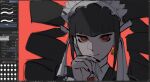  1girl bangs black_hair black_nails blunt_bangs bonnet celestia_ludenberg collared_shirt commentary dangan_ronpa:_trigger_happy_havoc dangan_ronpa_(series) drill_hair frills gothic_lolita hand_up highres jacket lolita_fashion long_hair looking_at_viewer nail_polish necktie pastahands red_background red_eyes red_neckwear shirt smile solo twin_drills twintails 