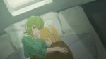  2girls bed black_shirt blonde_hair bow closed_eyes commentary from_above green_eyes green_hair green_shirt gumi hair_bow hug indoors kagamine_rin looking_to_the_side lying multiple_girls on_back on_side pillow shirt short_hair sketch sleeping vocaloid white_bow window wounds404 