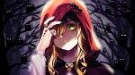  1girl bangs bird collared_shirt cosplay finger_tattoo green_eyes head_tilt hood hood_up korean_commentary little_red_riding_hood_(grimm) little_red_riding_hood_(grimm)_(cosplay) mixed-language_commentary mole mole_under_eye nijisanji nijisanji_kr one_eye_covered owl portrait rewolf seffyna shaded_face shirt slit_pupils solo virtual_youtuber white_shirt 