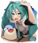  1girl :d arm_up bangs black_footwear black_skirt blush boots collared_shirt crossover detached_sleeves from_above gen_3_pokemon green_eyes green_hair green_neckwear grey_shirt hatsune_miku highres long_hair looking_at_viewer looking_up necktie open_mouth perspective pleated_skirt pokemon pokemon_(creature) reirou_(chokoonnpu) shiny shiny_skin shirt skirt sleeveless sleeveless_shirt smile spheal standing symbol_commentary thigh-highs thigh_boots tied_hair tongue twintails vocaloid 