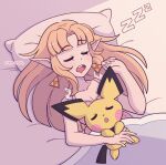  1girl bed blonde_hair breasts camisole closed_eyes cremanata earrings gen_2_pokemon highres jewelry long_hair looking_at_viewer nintendo open_mouth pichu pointy_ears pokemon pokemon_(creature) princess_zelda simple_background sleeping solo super_smash_bros. the_legend_of_zelda the_legend_of_zelda:_a_link_between_worlds 