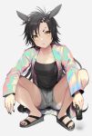  1girl air_shakur_(umamusume) animal_ears bangs bare_legs black_hair black_nails black_tank_top can collarbone commentary_request drink ear_piercing energy_drink eyebrow_piercing full_body grey_background grey_shorts holding holding_can holding_drink horse_ears iridescent jacket long_hair long_sleeves looking_at_viewer monster_energy nail_polish open_clothes open_jacket parted_lips piercing sandals shorts simple_background solo squatting tan_(inka) tank_top toenail_polish toenails umamusume yellow_eyes 
