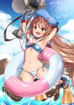  1girl :d armpits bangs bikini blue_bikini blue_gloves blue_headwear blush brown_hair clouds cloudy_sky commentary_request commission dated day elena_(ff7) eyebrows_visible_through_hair gloves green_eyes hat hisakabe_oune holding innertube iris_mysteria! long_hair looking_at_viewer navel ocean open_mouth sidelocks signature skeb_commission sky smile solo stomach striped striped_bikini swimsuit very_long_hair 