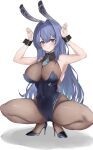    animal_ears azur_lane bare_shoulders bilei black_legwear blue_eyes blue_hair blue_leotard bodystocking breasts bunny_pose cuffs eyebrows_visible_through_hair high_heels highres large_breasts leotard looking_at_viewer new_jersey_(azur_lane) playboy_bunny rabbit_ears see-through see-through_legwear spread_legs squatting 