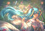  1girl :d absurdres bangs blue_eyes blue_hair fang floating_hair hair_between_eyes hair_ornament hatsune_miku highres holding holding_microphone huge_filesize long_hair long_sleeves looking_at_viewer microphone open_mouth sash shibayon00 shiny shiny_hair smile solo tanabata twintails upper_body very_long_hair wide_sleeves 