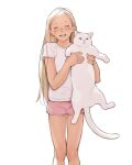  1girl animal bangs blonde_hair blush cat closed_eyes collarbone commentary facing_viewer hands_up highres holding holding_animal holding_cat knees long_hair luimiart open_mouth original parted_bangs pink_shorts shirt short_shorts short_sleeves shorts simple_background smile standing t-shirt teeth white_background white_shirt 