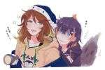  2girls amicia_michella bird black_hair black_hoodie blonde_hair blue_headwear blue_jacket blush brown_hair commentary_request gradient_hair green_eyes hat highres holding_flashlight hood hoodie jacket lia_(retiredstarmiya) multicolored_hair multiple_girls nijisanji nijisanji_en nijisanji_id off_shoulder open_mouth orange_hair orange_hoodie penguin petra_gurin sailor_collar scared smile streaked_hair virtual_youtuber white_hoodie 