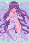  1girl :d apron bandaged_arm bandaged_leg bandages bandaid bandaid_on_knee bangs black_hair blue_skirt blush breasts commentary_request dangan_ronpa_(series) dangan_ronpa_2:_goodbye_despair grey_apron hands_up heart heart-shaped_pupils knee_up large_breasts long_hair looking_at_viewer mole mole_under_eye nurse open_mouth pleated_skirt puffy_short_sleeves puffy_sleeves purple_hair sasakama_(sasagaki01) shiny shiny_hair shoes short_sleeves skirt smile socks solo sweat symbol-shaped_pupils tsumiki_mikan white_footwear white_legwear 