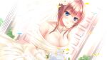  1girl bangs blue_eyes bouquet breasts bridal_veil bride brown_hair closed_mouth door dress flower game_cg highres himukai_chihiro himukai_chihiro_wa_shigoto_ga_tsuzukanai holding holding_bouquet jewelry large_breasts looking_at_viewer mole mole_under_eye necklace non-web_source rose smile solo strapless strapless_dress veil wedding wedding_dress white_dress 