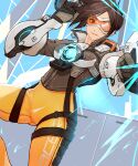  1girl ass_visible_through_thighs bodysuit bomber_jacket brown_eyes brown_hair brown_jacket chest_harness cropped_jacket dutch_angle harness highres jacket leather mizu_(dl7613) multiple_piercings orange_bodysuit orange_goggles overwatch power_armor solo spiky_hair thighs tracer_(overwatch) union_jack 