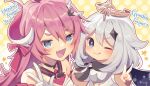  2girls :q asymmetrical_horns bangs blue_eyes blush copyright_request crossover dress fang genshin_impact gloves hair_between_eyes halo highres honkai_(series) honkai_impact_3rd horns long_hair long_sleeves mechanical_horns multiple_girls open_mouth paimon_(genshin_impact) pink_hair polka_dot polka_dot_background rozaliya_olenyeva scarf shirase_(shirose) simple_background skin_fang star_(symbol) tongue tongue_out upper_body v w white_dress white_gloves white_hair yellow_background 