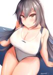  1girl alternate_costume black_hair breasts brown_eyes competition_swimsuit from_above highres kantai_collection large_breasts long_hair nagato_(kancolle) one-piece_swimsuit sinape sitting solo swimsuit white_swimsuit 