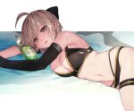  1girl ahoge bikini black_bikini bottle bow breasts elbow_gloves fate/grand_order fate_(series) gloves hair_bow lying medium_breasts navel okita_souji_(fate)_(all) okita_souji_(swimsuit_assassin)_(fate) on_side sakanahen scarf scarf_removed single_elbow_glove swimsuit thigh_strap water wet 